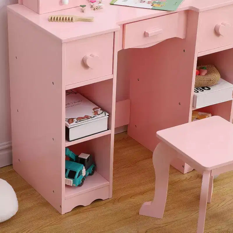 2-In-1 Vanity Table, Kids Vanity Table and Chair Set, Wooden Princess Makeup Desk Dressing Table, Princess Pretend Play Makeup Vanity Table
