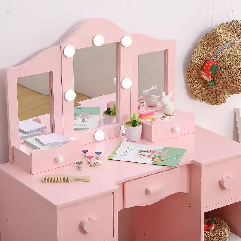 2-In-1 Vanity Table, Kids Vanity Table and Chair Set, Wooden Princess Makeup Desk Dressing Table, Princess Pretend Play Makeup Vanity Table