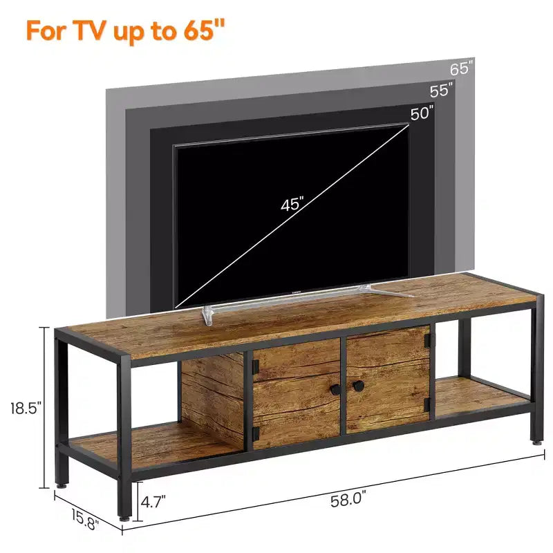 TV Stand, Rustic TV Stand with 2 Enclosed Storage Spaces and Open Compartment,Wooden TV Stand Table with Adjustable Legs, Media Entertainment Center