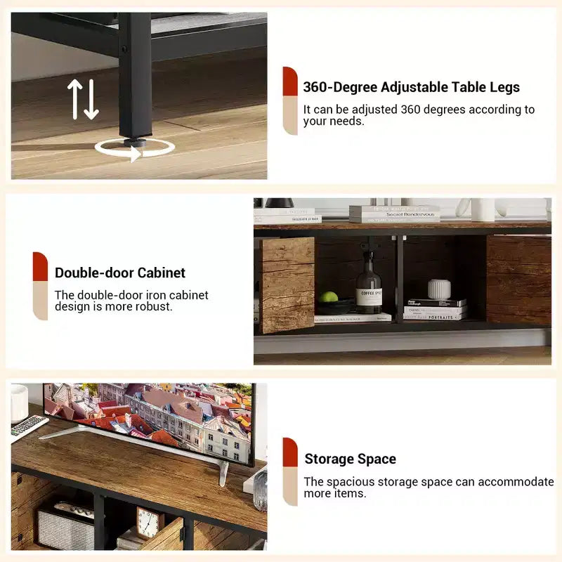 TV Stand, Rustic TV Stand with 2 Enclosed Storage Spaces and Open Compartment,Wooden TV Stand Table with Adjustable Legs, Media Entertainment Center