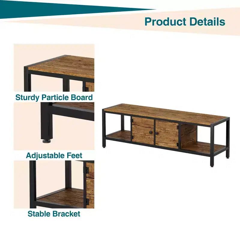 TV Stand, Rustic TV Stand with 2 Enclosed Storage Spaces and Open Compartment,Wooden TV Stand Table with Adjustable Legs, Media Entertainment Center
