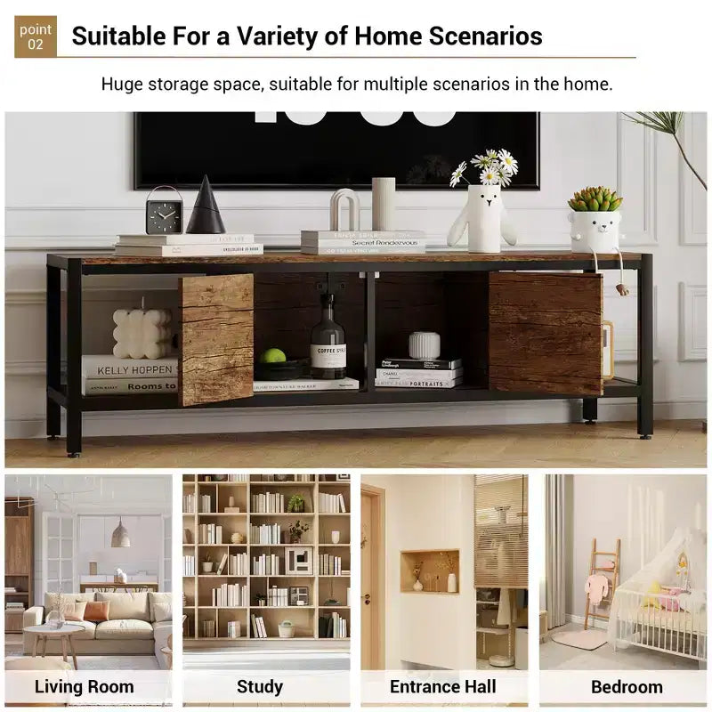 TV Stand, Rustic TV Stand with 2 Enclosed Storage Spaces and Open Compartment,Wooden TV Stand Table with Adjustable Legs, Media Entertainment Center