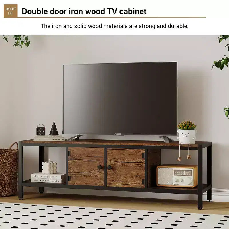 TV Stand, Rustic TV Stand with 2 Enclosed Storage Spaces and Open Compartment,Wooden TV Stand Table with Adjustable Legs, Media Entertainment Center