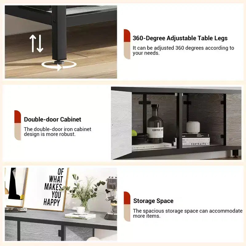 TV Stand, Rustic TV Stand with 2 Enclosed Storage Spaces and Open Compartment,Wooden TV Stand Table with Adjustable Legs, Media Entertainment Center