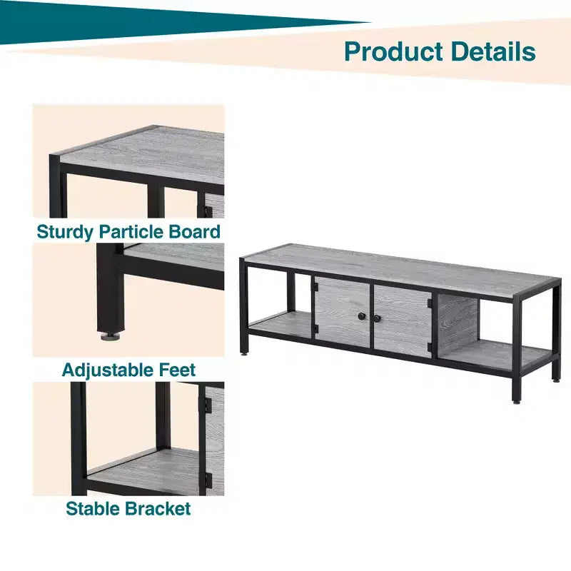 TV Stand, Rustic TV Stand with 2 Enclosed Storage Spaces and Open Compartment,Wooden TV Stand Table with Adjustable Legs, Media Entertainment Center