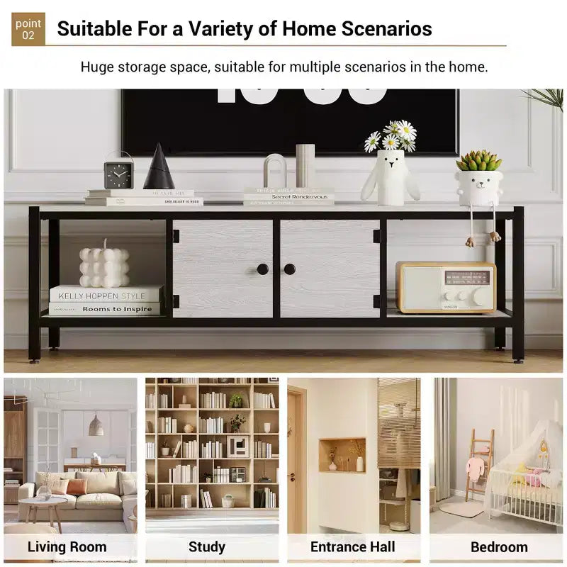 TV Stand, Rustic TV Stand with 2 Enclosed Storage Spaces and Open Compartment,Wooden TV Stand Table with Adjustable Legs, Media Entertainment Center