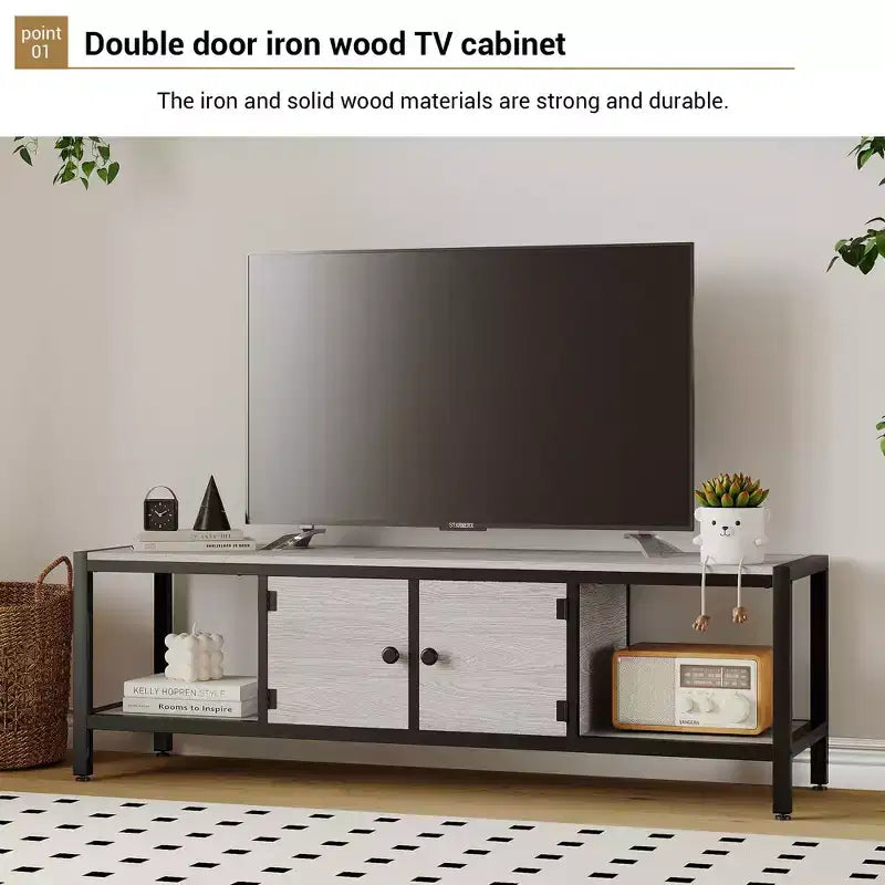 TV Stand, Rustic TV Stand with 2 Enclosed Storage Spaces and Open Compartment,Wooden TV Stand Table with Adjustable Legs, Media Entertainment Center