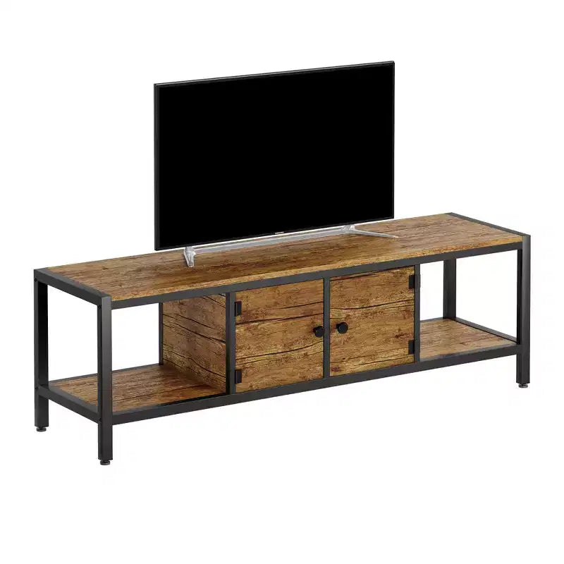 TV Stand, Rustic TV Stand with 2 Enclosed Storage Spaces and Open Compartment,Wooden TV Stand Table with Adjustable Legs, Media Entertainment Center