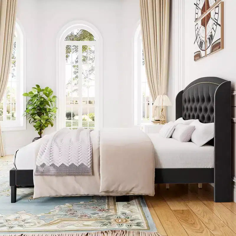 TROPOW King Size Wingback Headboard Bed Frame - Low Profile Upholstered Platform Bed, Sturdy Wooden Slat Support, No Box Spring Needed