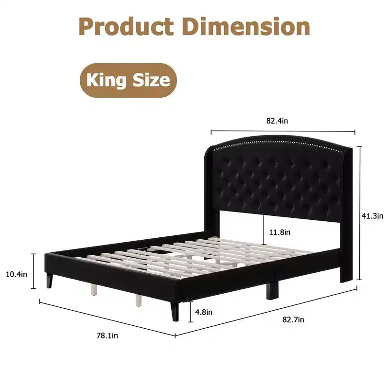 TROPOW King Size Wingback Headboard Bed Frame - Low Profile Upholstered Platform Bed, Sturdy Wooden Slat Support, No Box Spring Needed