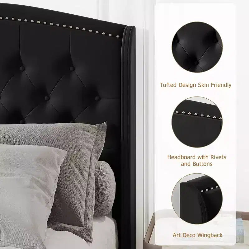 TROPOW King Size Wingback Headboard Bed Frame - Low Profile Upholstered Platform Bed, Sturdy Wooden Slat Support, No Box Spring Needed