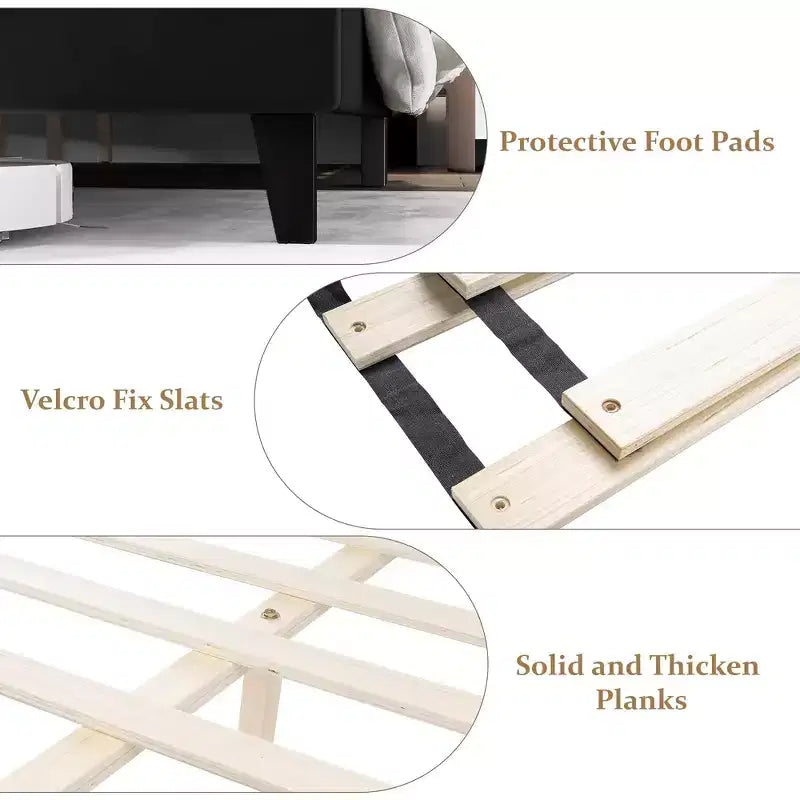 TROPOW King Size Wingback Headboard Bed Frame - Low Profile Upholstered Platform Bed, Sturdy Wooden Slat Support, No Box Spring Needed