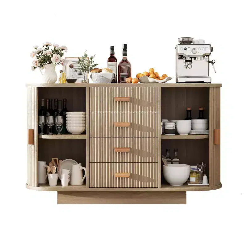 Buffet Cabinet, 47 Fluted Multi-Functional Coffee Bar with 4 Drawers & Sliding Doors - Modern Oak Sideboard