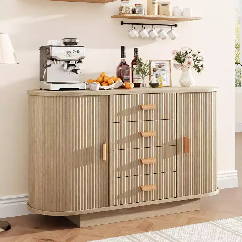 Buffet Cabinet, 47 Fluted Multi-Functional Coffee Bar with 4 Drawers & Sliding Doors - Modern Oak Sideboard