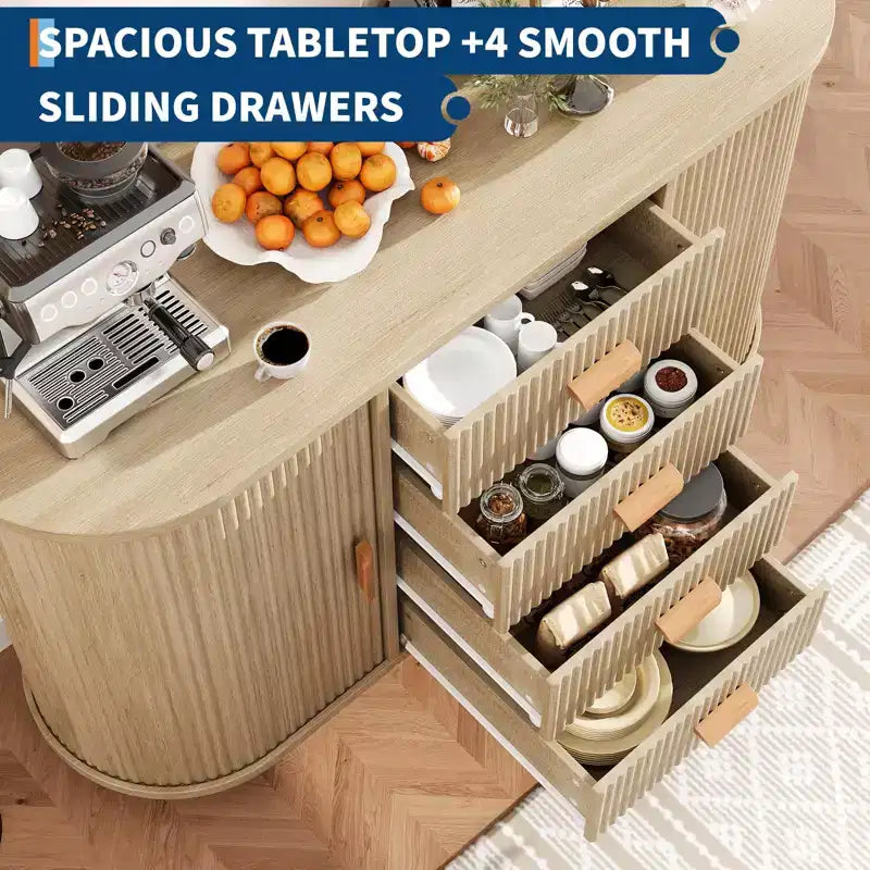 Buffet Cabinet, 47 Fluted Multi-Functional Coffee Bar with 4 Drawers & Sliding Doors - Modern Oak Sideboard