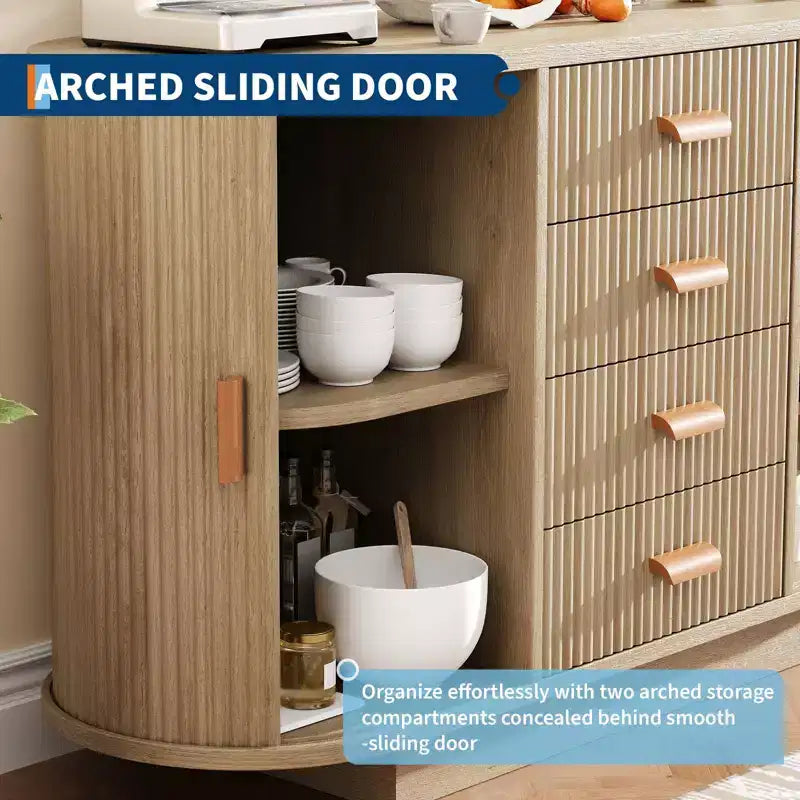 Buffet Cabinet, 47 Fluted Multi-Functional Coffee Bar with 4 Drawers & Sliding Doors - Modern Oak Sideboard