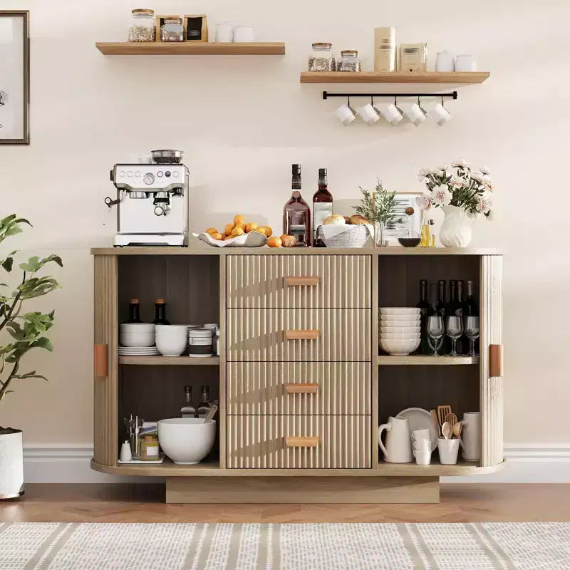 Buffet Cabinet, 47 Fluted Multi-Functional Coffee Bar with 4 Drawers & Sliding Doors - Modern Oak Sideboard