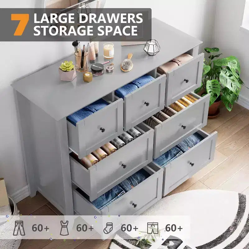 7 Chest of Drawer Dresser for 48 Inch TV, Modern Wood Organizer Storage Units for Living Room, Bedroom, Closet Storage, Home Office