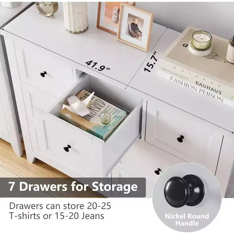 7 Chest of Drawer Dresser for 48 Inch TV, Modern Wood Organizer Storage Units for Living Room, Bedroom, Closet Storage, Home Office