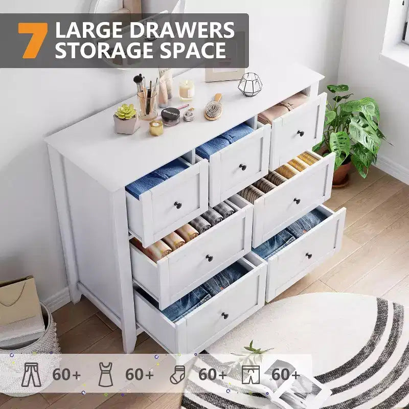 7 Chest of Drawer Dresser for 48 Inch TV, Modern Wood Organizer Storage Units for Living Room, Bedroom, Closet Storage, Home Office