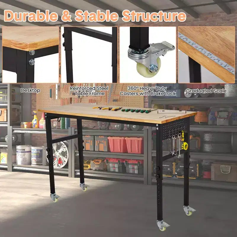 Workbench, 48 Adjustable Heavy Duty Table 2000 Lb Capacity with Scale - Rubber Wood Steel Frame for Garage Auto Repair
