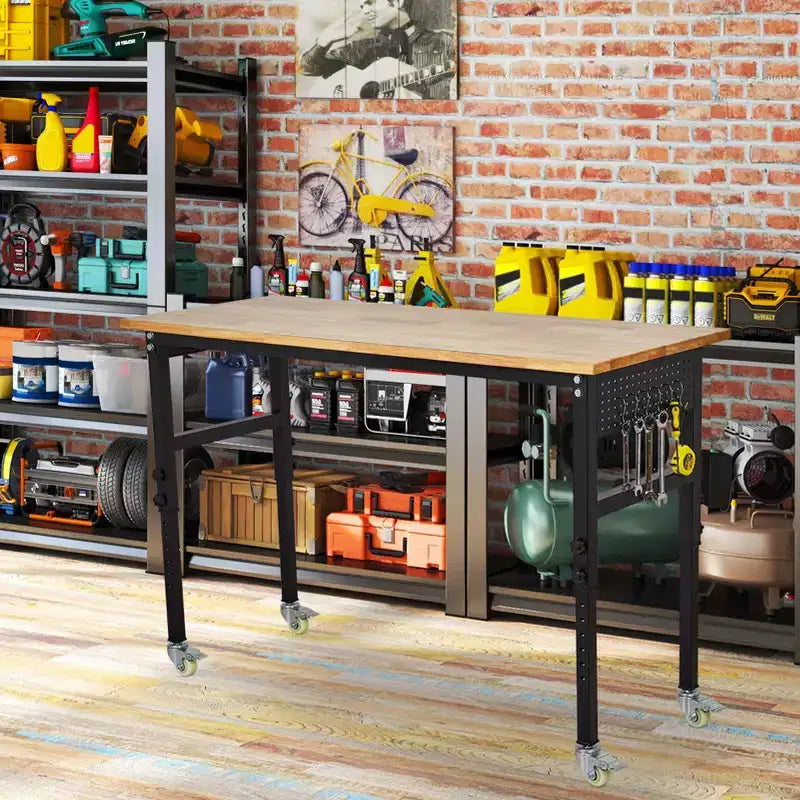 Workbench, 48 Adjustable Heavy Duty Table 2000 Lb Capacity with Scale - Rubber Wood Steel Frame for Garage Auto Repair