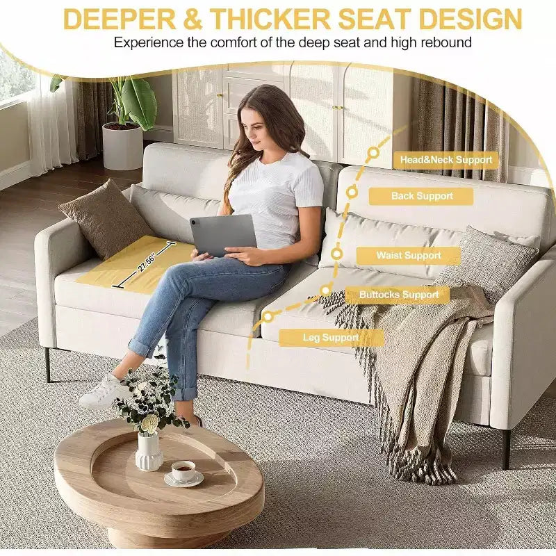 Acekool 3-Seater Sofa for Living Room, Modern Linen Upholstery Couch with Metal Frame, Spacious and Supportive