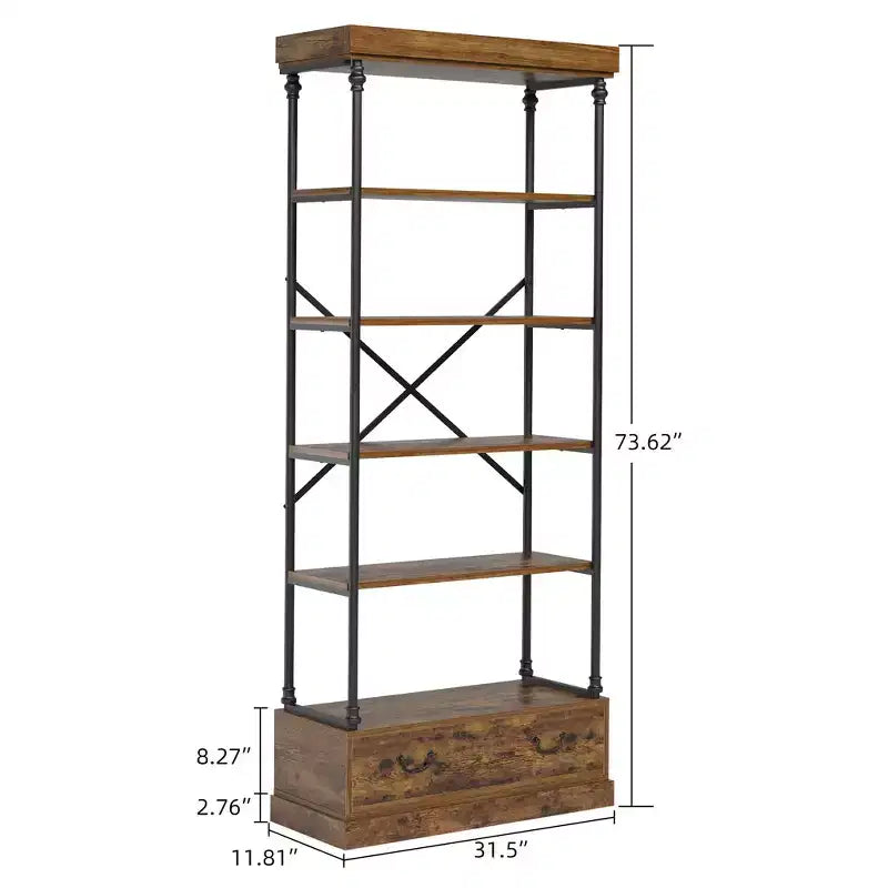 COZONY 5-Tier Vintage Bookshelf with Drawer - Industrial Tall Bookcase Storage Shelf with Metal Frame for Living Room, Office