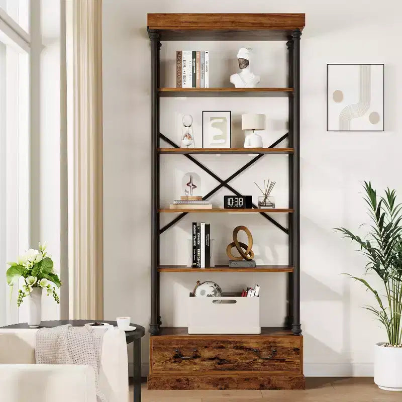 COZONY 5-Tier Vintage Bookshelf with Drawer - Industrial Tall Bookcase Storage Shelf with Metal Frame for Living Room, Office