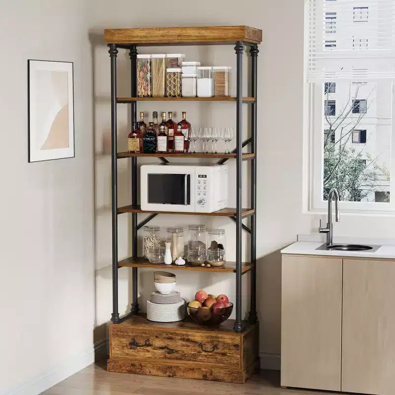 COZONY 5-Tier Vintage Bookshelf with Drawer - Industrial Tall Bookcase Storage Shelf with Metal Frame for Living Room, Office