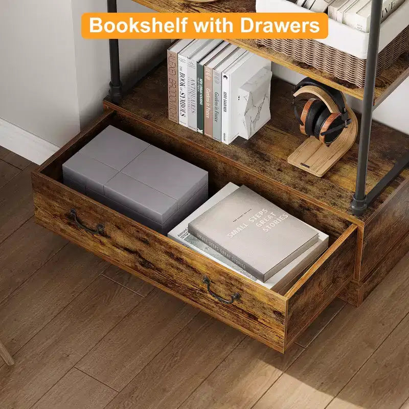 COZONY 5-Tier Vintage Bookshelf with Drawer - Industrial Tall Bookcase Storage Shelf with Metal Frame for Living Room, Office