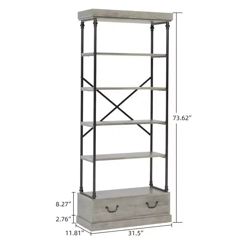 COZONY 5-Tier Vintage Bookshelf with Drawer - Industrial Tall Bookcase Storage Shelf with Metal Frame for Living Room, Office