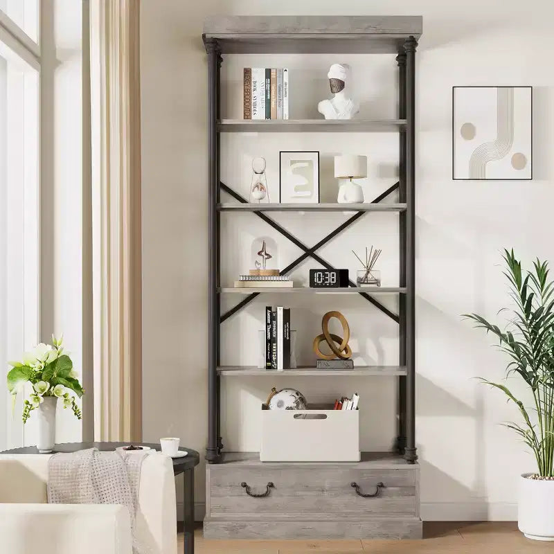 COZONY 5-Tier Vintage Bookshelf with Drawer - Industrial Tall Bookcase Storage Shelf with Metal Frame for Living Room, Office
