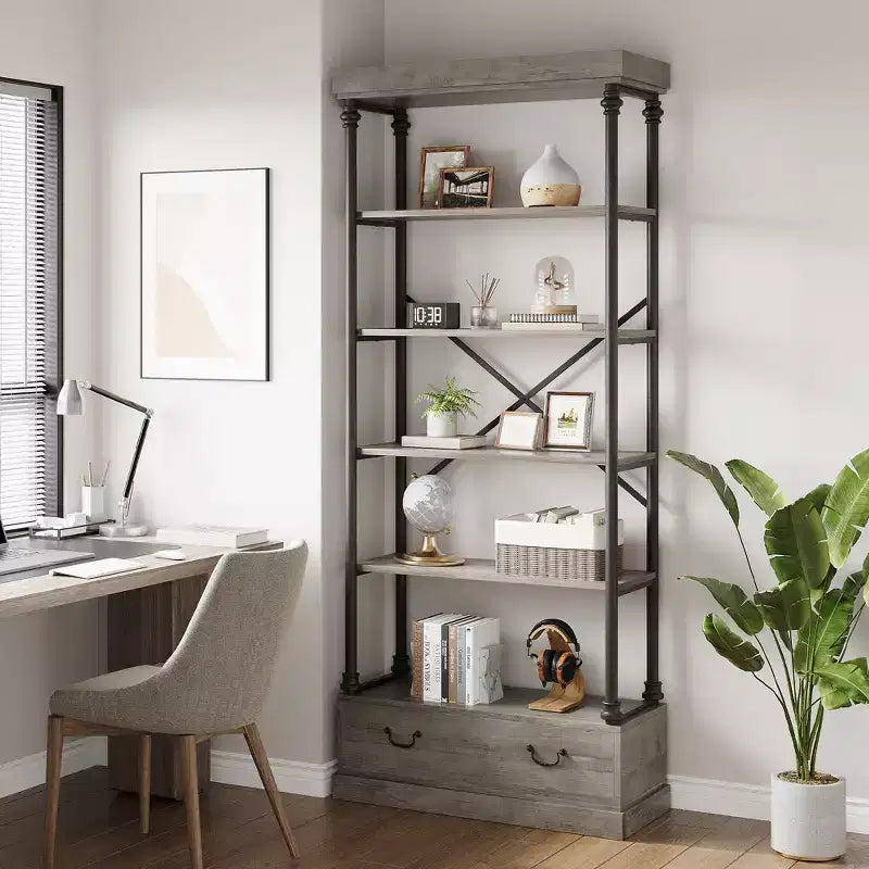 COZONY 5-Tier Vintage Bookshelf with Drawer - Industrial Tall Bookcase Storage Shelf with Metal Frame for Living Room, Office