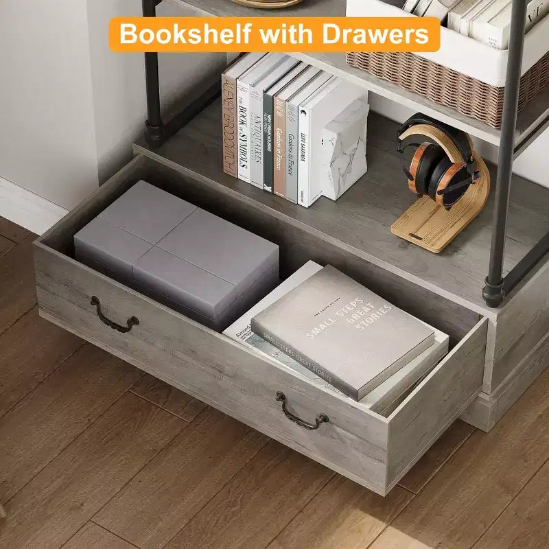 COZONY 5-Tier Vintage Bookshelf with Drawer - Industrial Tall Bookcase Storage Shelf with Metal Frame for Living Room, Office