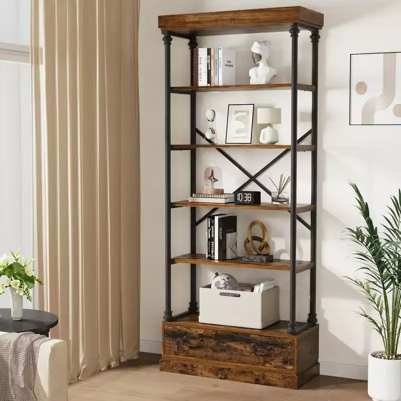 COZONY 5-Tier Vintage Bookshelf with Drawer - Industrial Tall Bookcase Storage Shelf with Metal Frame for Living Room, Office