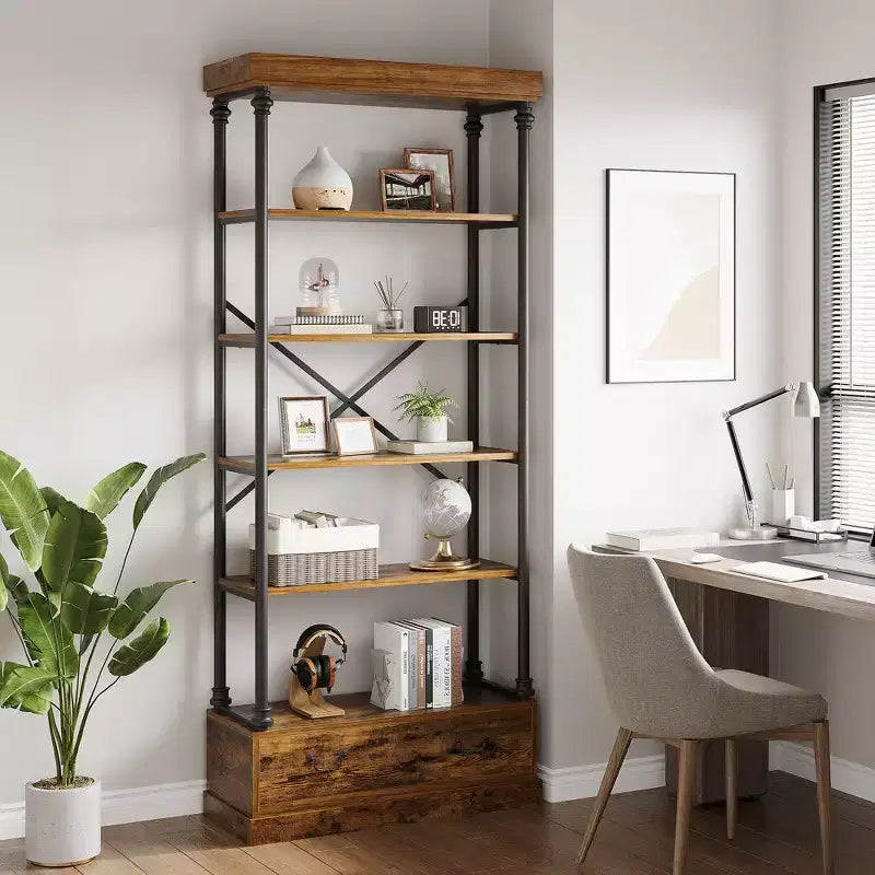 COZONY 5-Tier Vintage Bookshelf with Drawer - Industrial Tall Bookcase Storage Shelf with Metal Frame for Living Room, Office