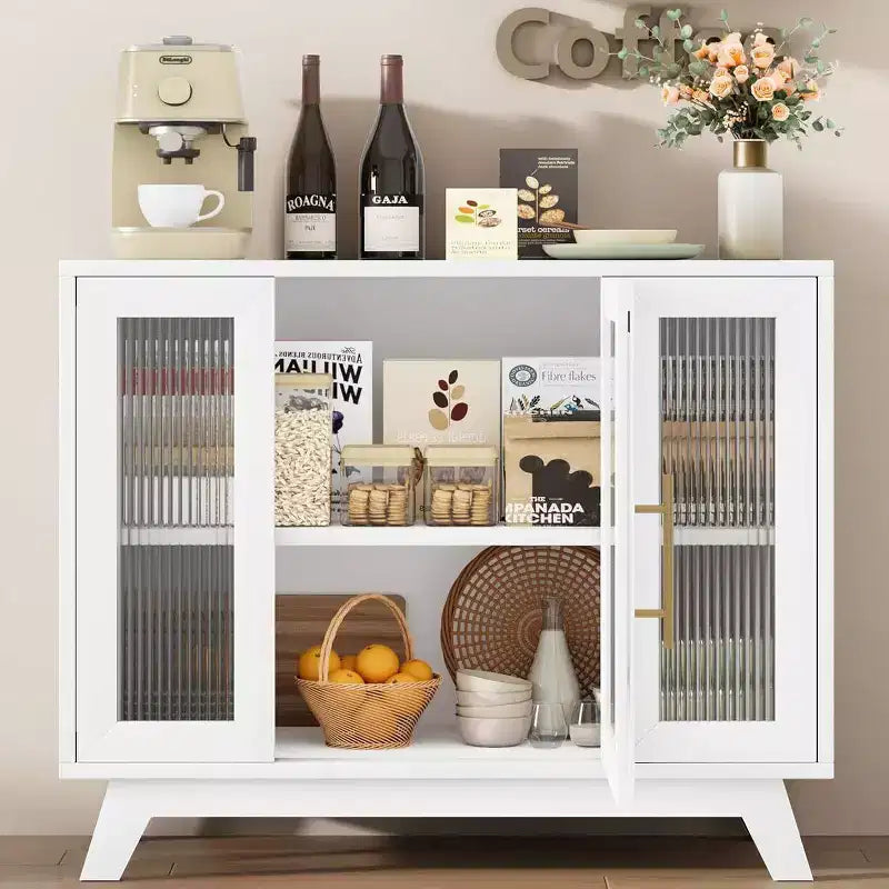 Coolmee Accent Storage Cabinet, 36'' Sideboard Buffet Cabinet with Fluted Glass Door and Adjustable Shelf, Coffee Bar Cabinet for Kitchen, Dining