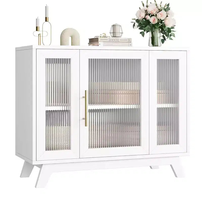 Coolmee Accent Storage Cabinet, 36'' Sideboard Buffet Cabinet with Fluted Glass Door and Adjustable Shelf, Coffee Bar Cabinet for Kitchen, Dining