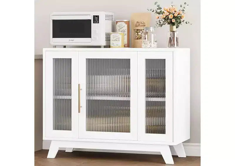 Coolmee Accent Storage Cabinet, 36'' Sideboard Buffet Cabinet with Fluted Glass Door and Adjustable Shelf, Coffee Bar Cabinet for Kitchen, Dining