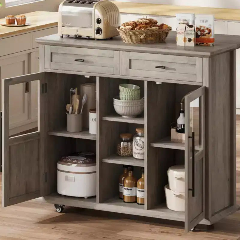 Coolmee Rolling Kitchen Island with Drop Leaf, Island Cart with Storage, Microwave Cart on Wheels, Table Bar Cart for Kitchen with Towel Rack