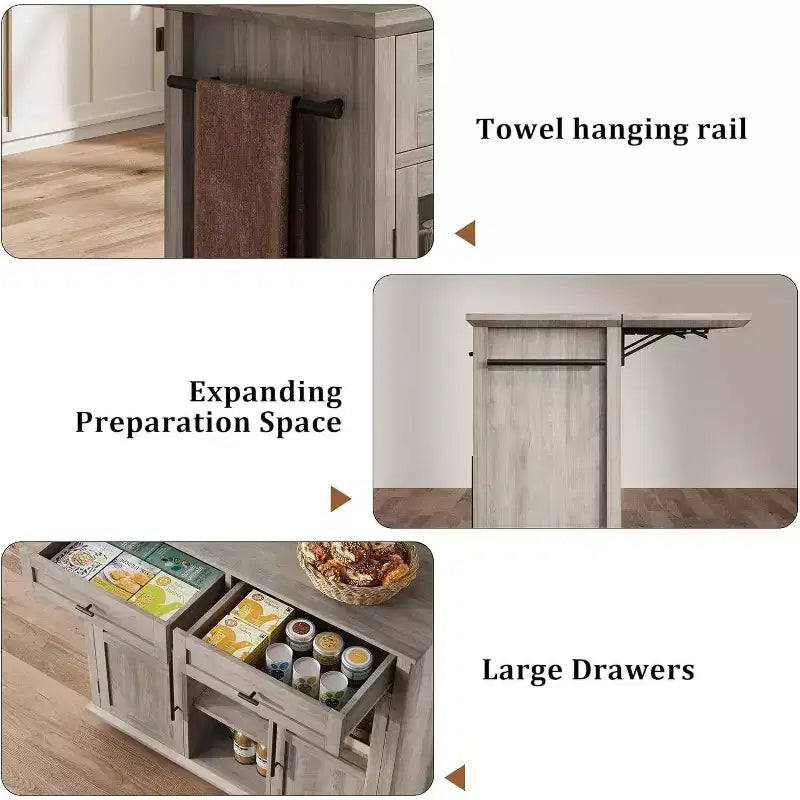 Coolmee Rolling Kitchen Island with Drop Leaf, Island Cart with Storage, Microwave Cart on Wheels, Table Bar Cart for Kitchen with Towel Rack