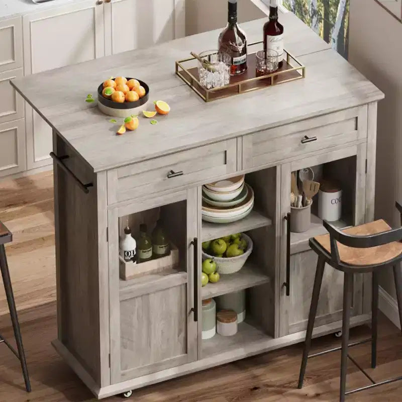 Coolmee Rolling Kitchen Island with Drop Leaf, Island Cart with Storage, Microwave Cart on Wheels, Table Bar Cart for Kitchen with Towel Rack
