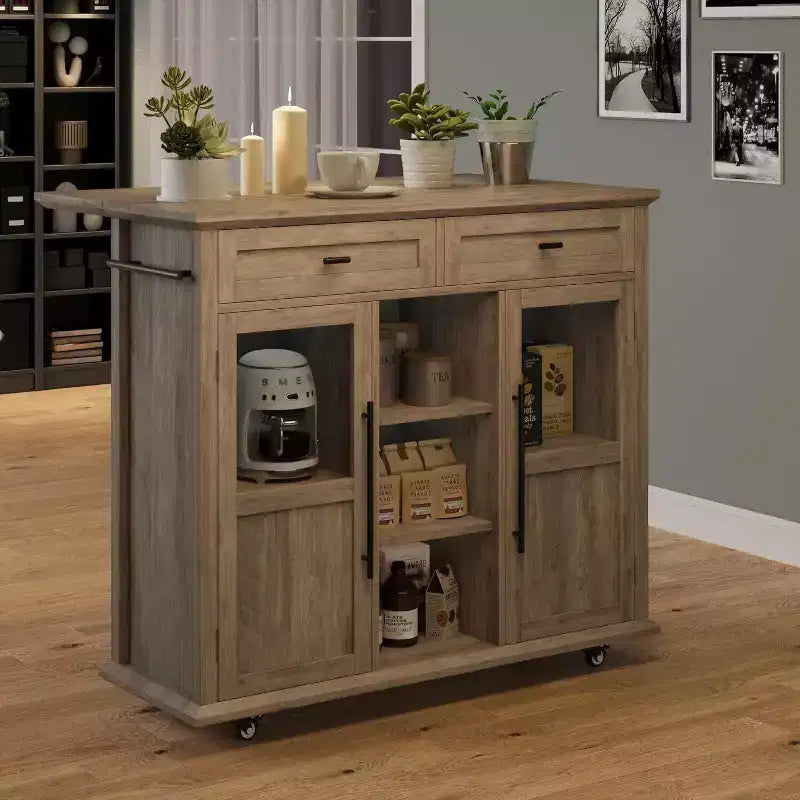 Coolmee Rolling Kitchen Island with Drop Leaf, Island Cart with Storage, Microwave Cart on Wheels, Table Bar Cart for Kitchen with Towel Rack
