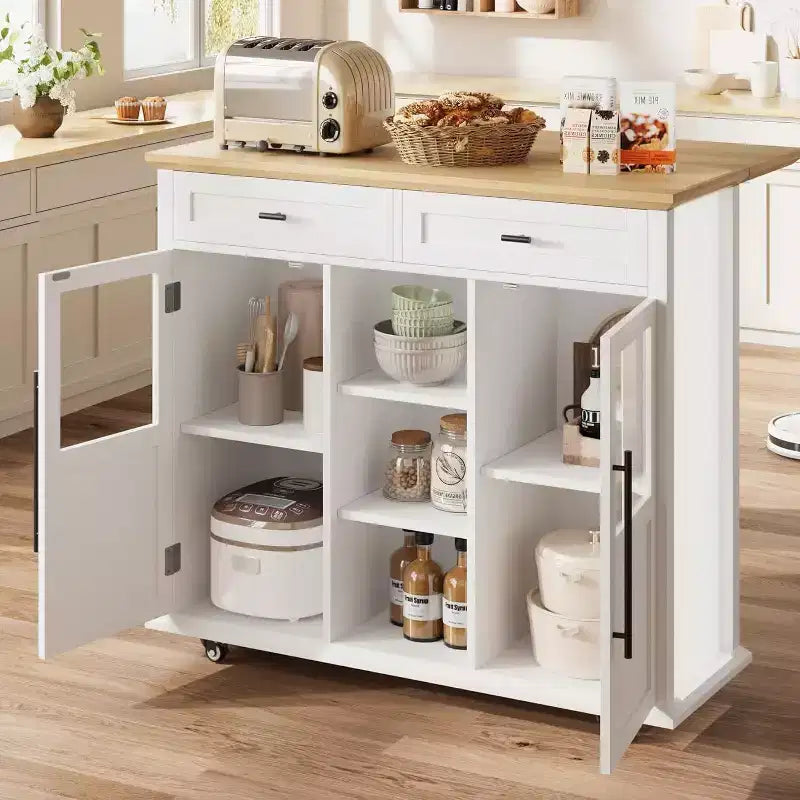Coolmee Rolling Kitchen Island with Drop Leaf, Island Cart with Storage, Microwave Cart on Wheels, Table Bar Cart for Kitchen with Towel Rack