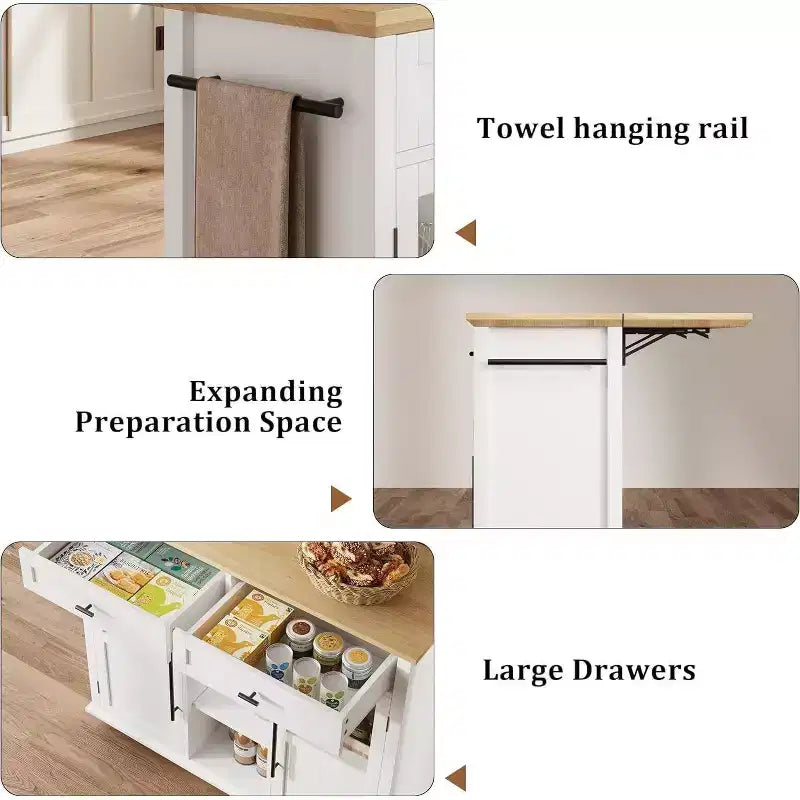 Coolmee Rolling Kitchen Island with Drop Leaf, Island Cart with Storage, Microwave Cart on Wheels, Table Bar Cart for Kitchen with Towel Rack