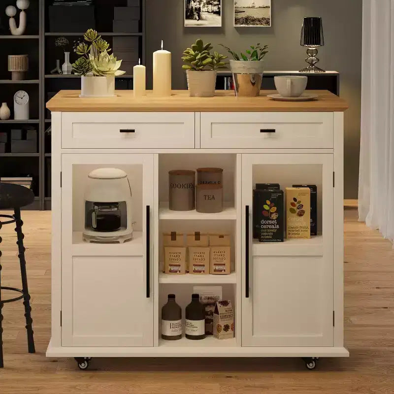 Coolmee Rolling Kitchen Island with Drop Leaf, Island Cart with Storage, Microwave Cart on Wheels, Table Bar Cart for Kitchen with Towel Rack