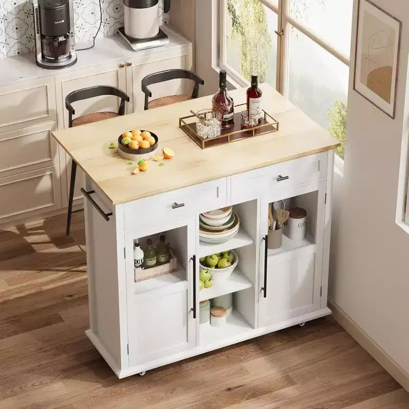 Coolmee Rolling Kitchen Island with Drop Leaf, Island Cart with Storage, Microwave Cart on Wheels, Table Bar Cart for Kitchen with Towel Rack