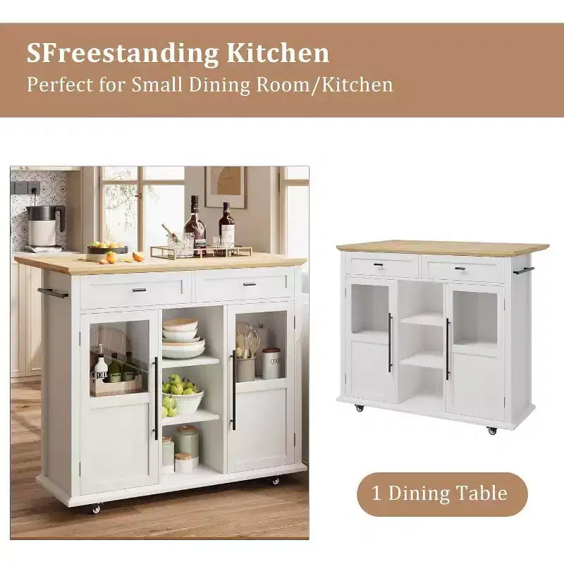 Coolmee Rolling Kitchen Island with Drop Leaf, Island Cart with Storage, Microwave Cart on Wheels, Table Bar Cart for Kitchen with Towel Rack