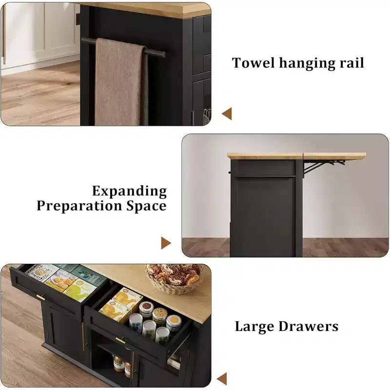 Coolmee Rolling Kitchen Island with Drop Leaf, Island Cart with Storage, Microwave Cart on Wheels, Table Bar Cart for Kitchen with Towel Rack